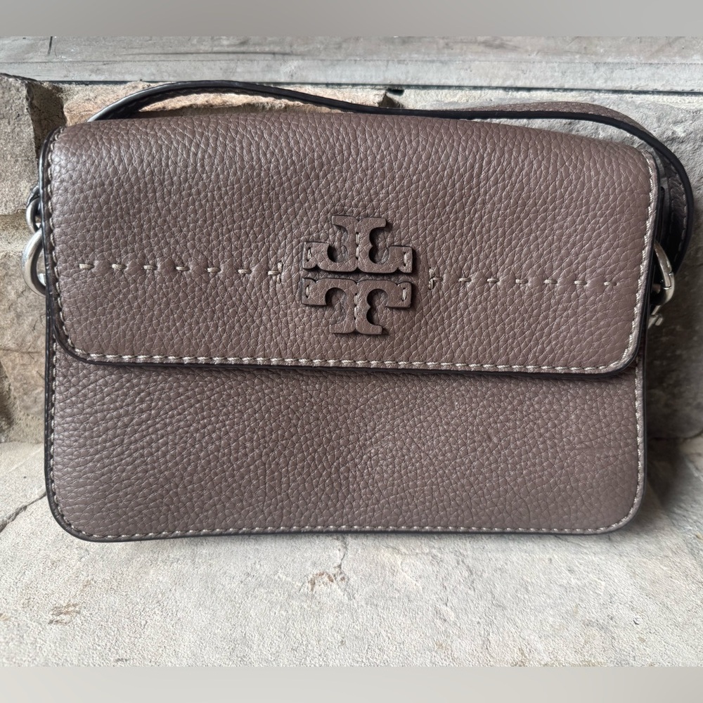 Tory Burch Taupe Pebbled Leather Mini Crossbody with Logo Flap